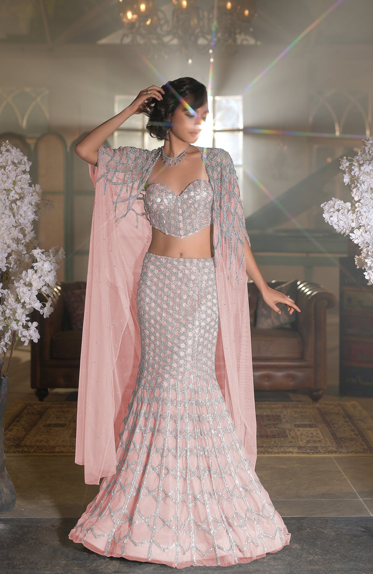 Blue crystal hand-embroidered mermaid lehenga with cape and intricate silver hexagonal beadwork