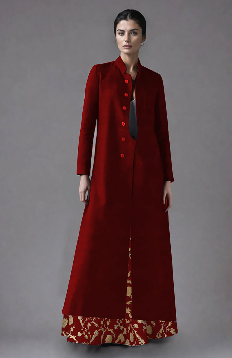 Red raw silk jacket and skirt set with gold brocade detailing.