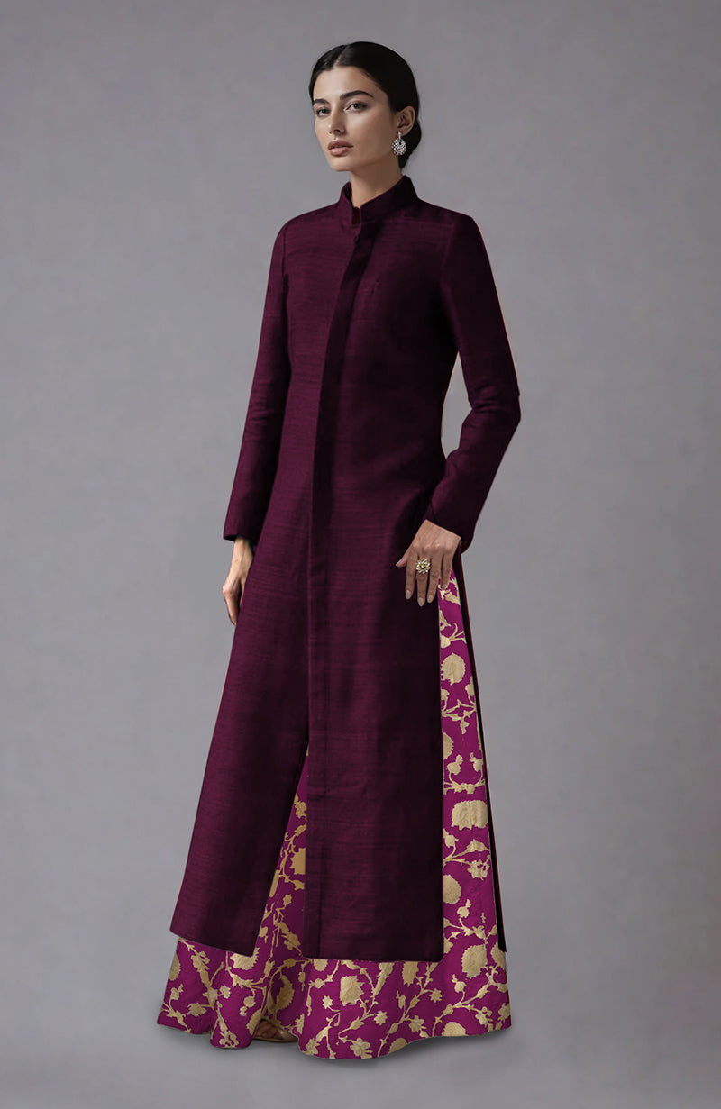 Wine raw silk jacket and skirt set with gold floral brocade.