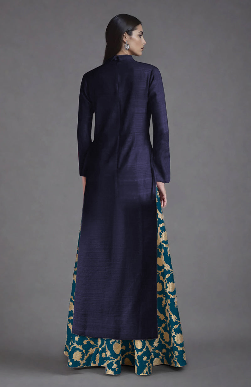 Eclipse blue raw silk jacket and skirt set with a brocade skirt.
