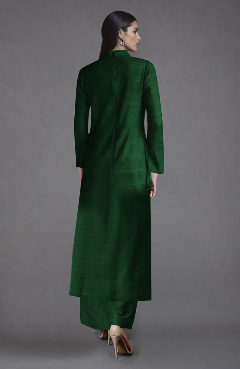 Emerald green raw silk jacket set with a band collar and wide-leg pants.