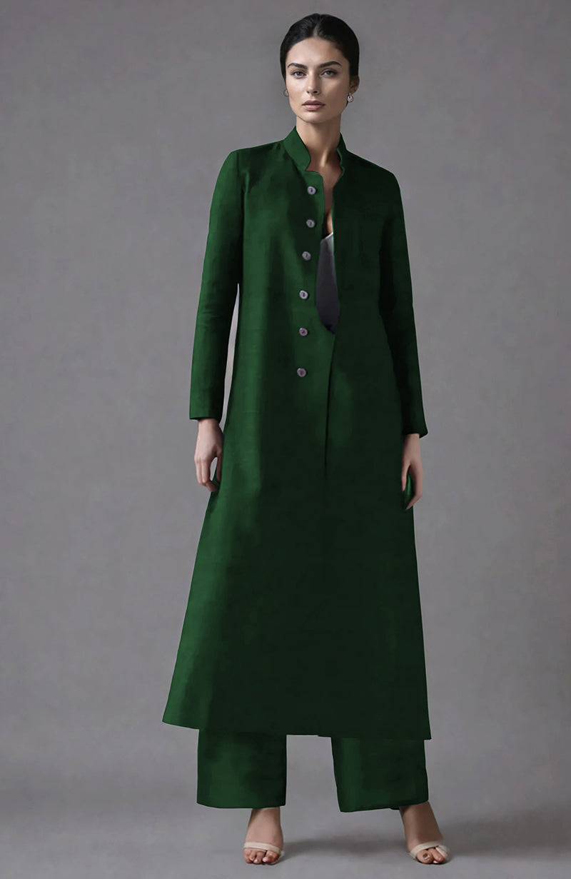 Emerald green raw silk jacket set with a band collar and wide-leg pants.
