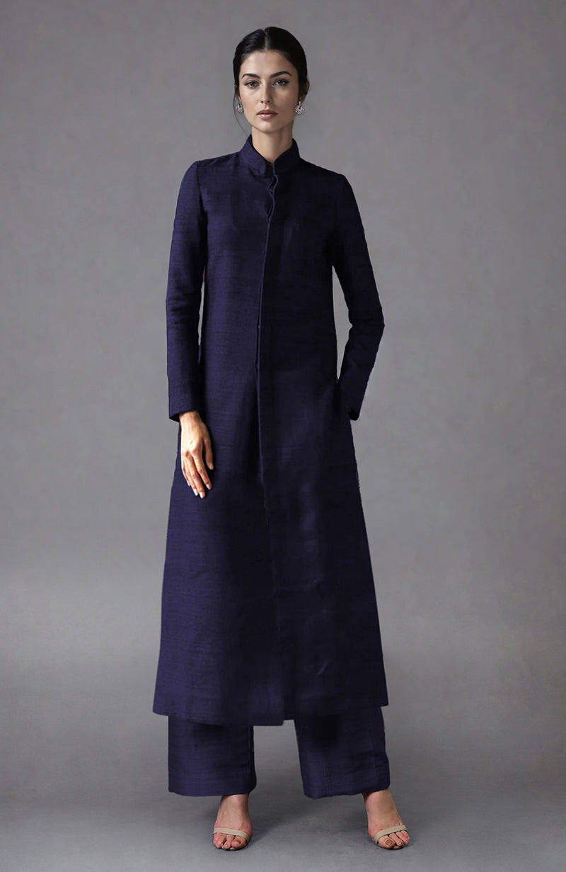 Eclipse Blue Raw Silk Jacket Set with a long jacket and wide-leg pants.