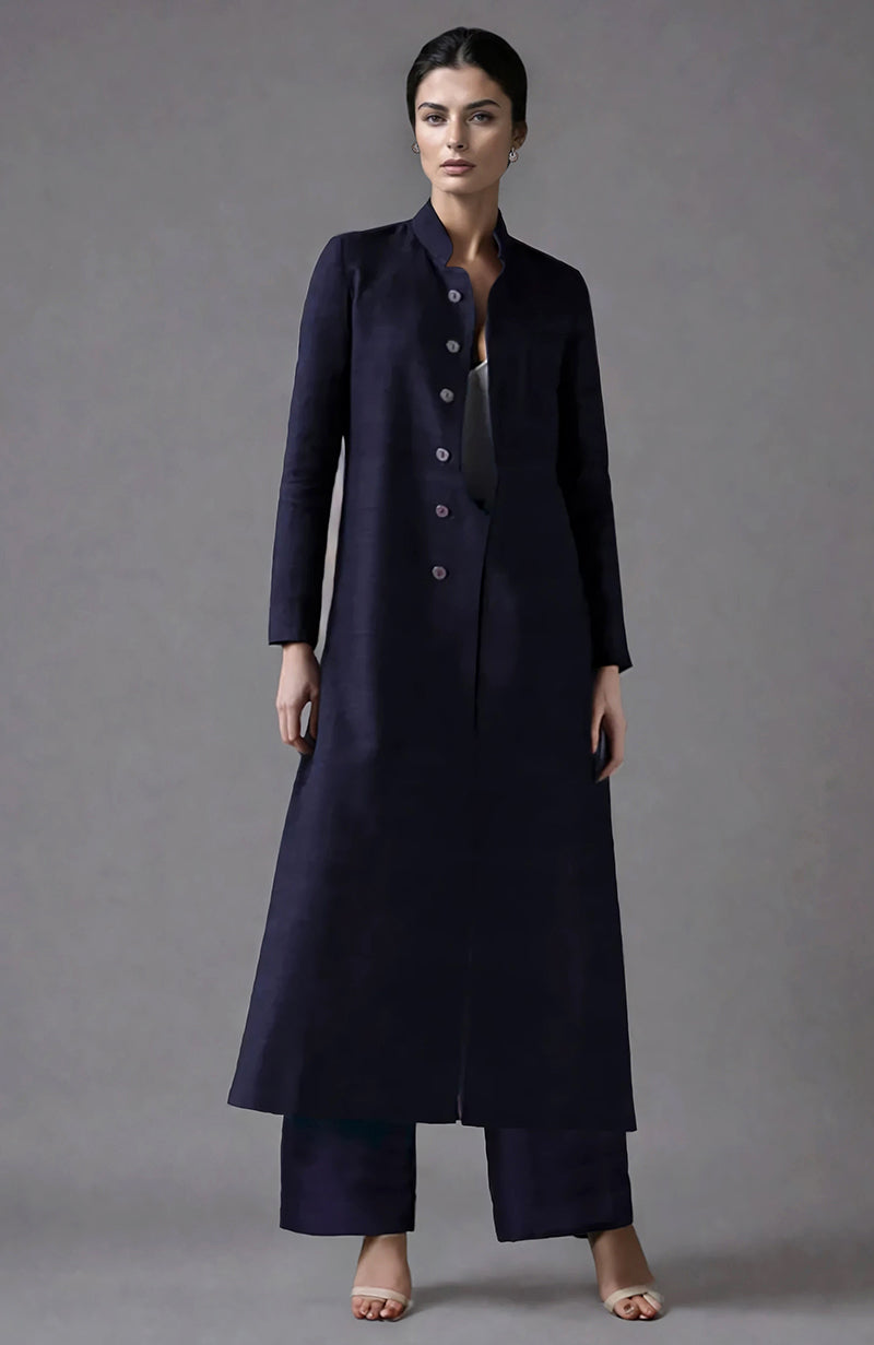 Eclipse Blue Raw Silk Jacket Set with a long jacket and wide-leg pants.
