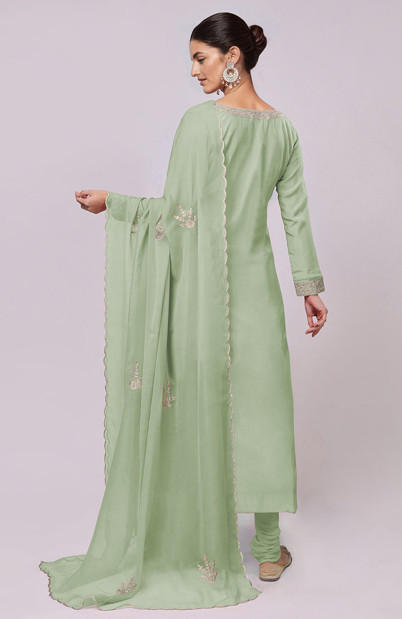 Sage green Kashmiri Tilla Aari embroidered kurta set with dupatta.