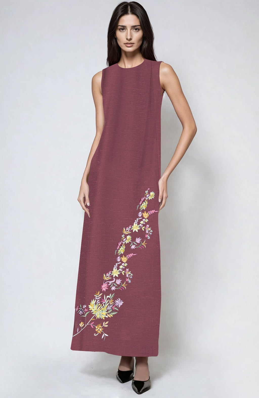 Pure linen Chianti Parsi Gara dress with multicolor floral embroidery and side slits.