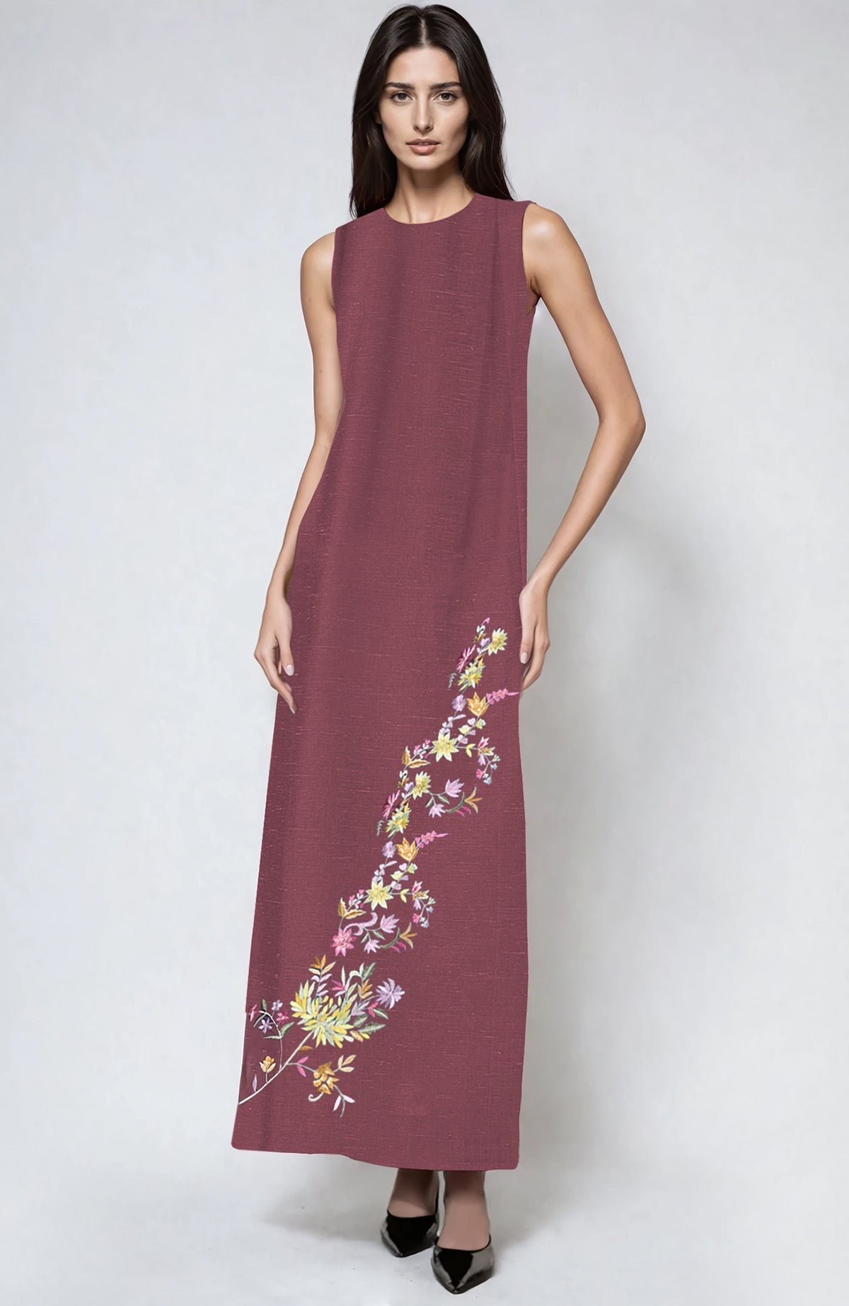 Pure linen Chianti Parsi Gara dress with multicolor floral embroidery and side slits.