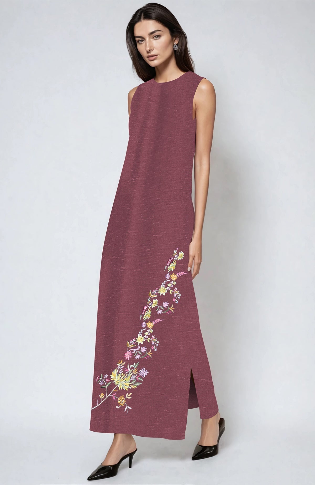 Pure linen Chianti Parsi Gara dress with multicolor floral embroidery and side slits.