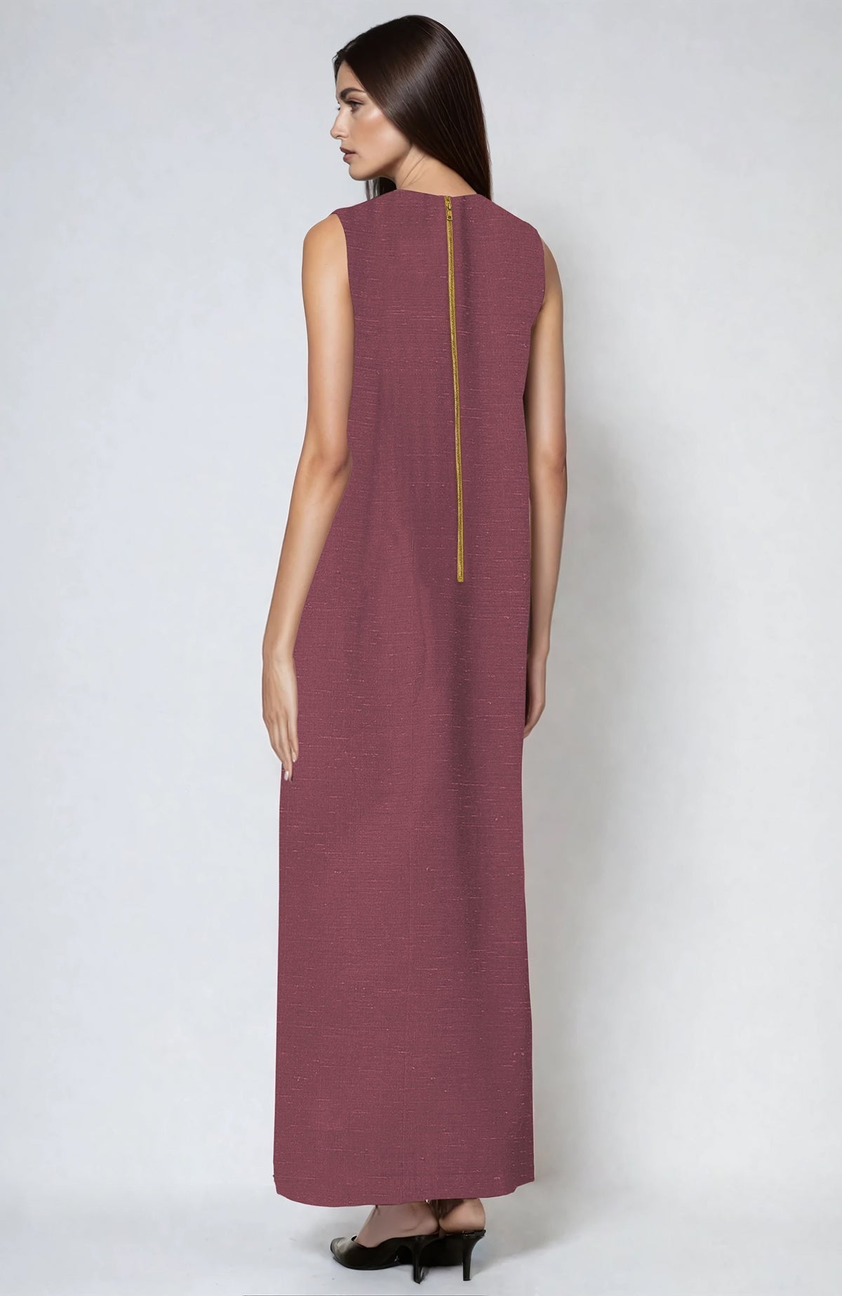 Pure linen Chianti Parsi Gara dress with multicolor floral embroidery and side slits.