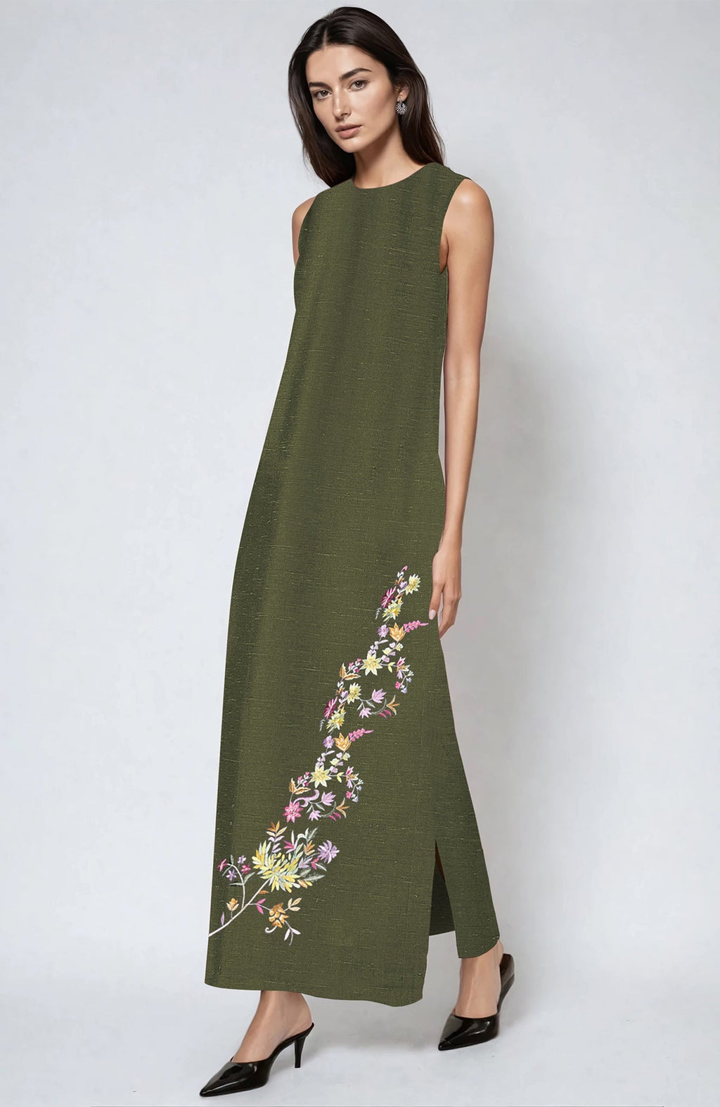 Olive pure linen dress with multicolor Parsi Gara floral embroidery and back zipper closure