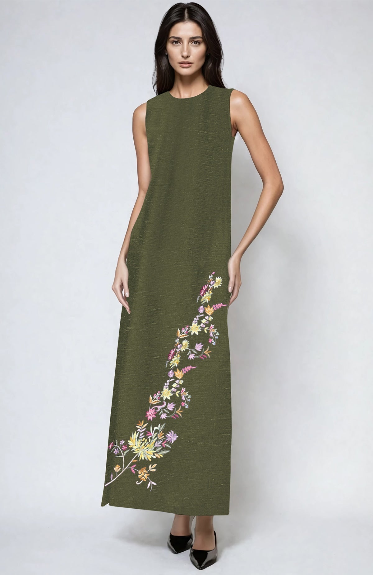 Pure linen Chianti Parsi Gara dress with multicolor floral embroidery, back zipper, and side slits