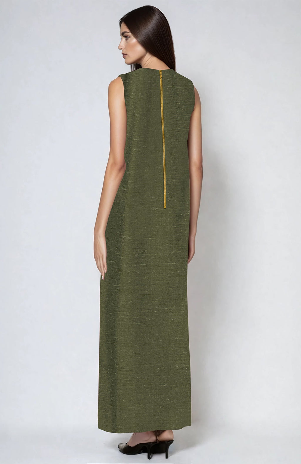Olive pure linen dress with multicolor Parsi Gara floral embroidery and side slits.