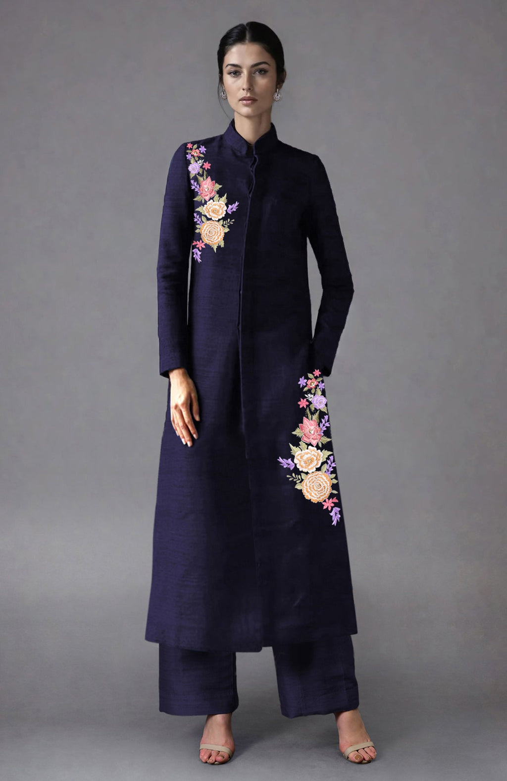 Eclipse blue raw silk sherwani jacket with Parsi Gara floral embroidery and wide-leg pants set