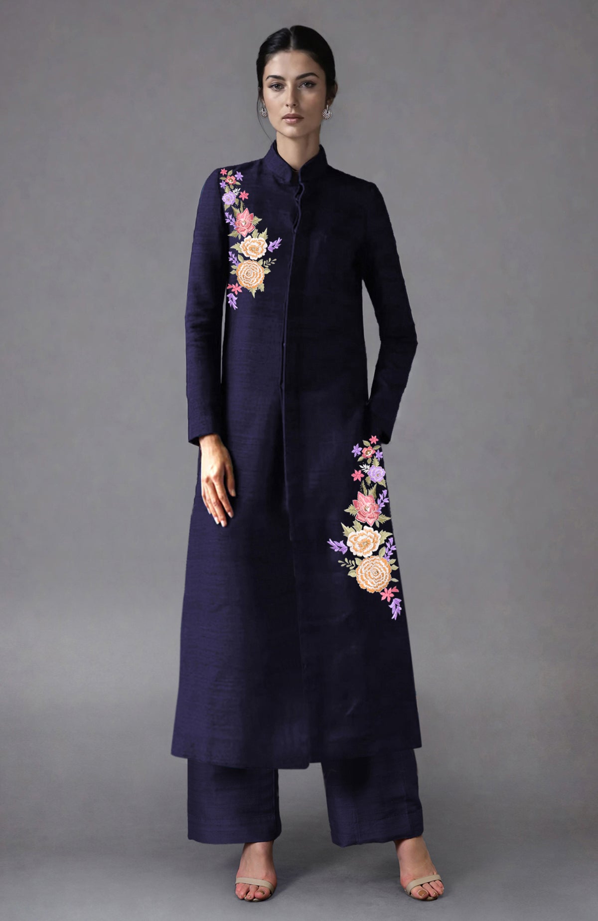 Eclipse blue raw silk sherwani jacket with Parsi Gara floral embroidery and wide-leg pants set