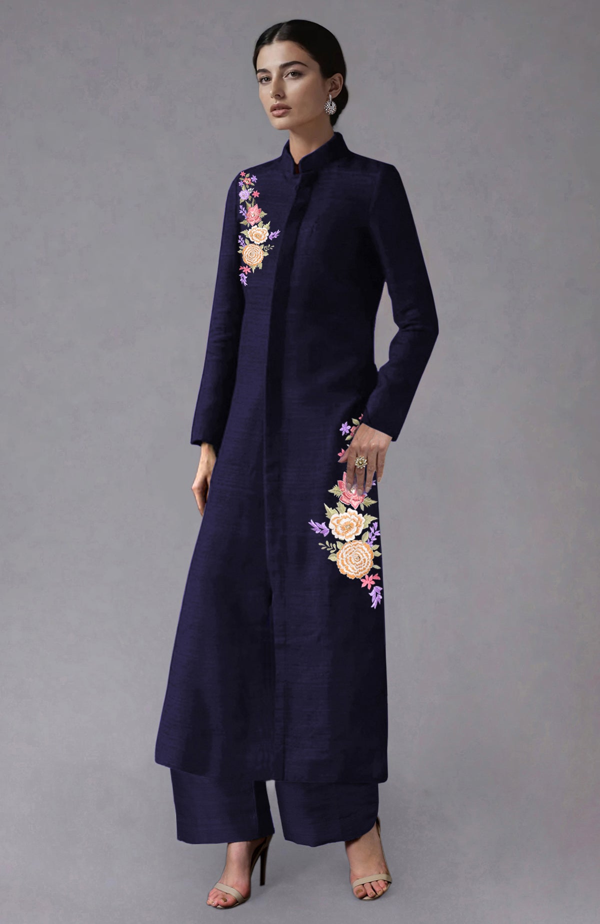 Eclipse blue raw silk sherwani jacket with Parsi Gara floral embroidery and wide-leg pants set