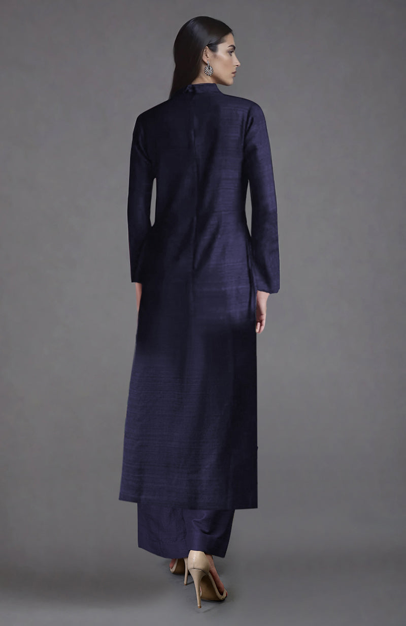 Eclipse blue raw silk sherwani jacket with Parsi Gara floral embroidery and wide-leg pants set