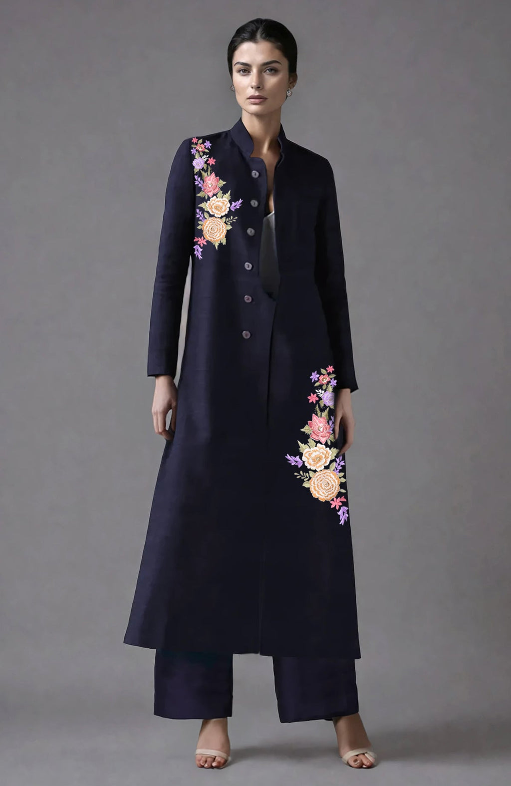 Eclipse blue raw silk sherwani jacket with Parsi Gara floral embroidery and wide-leg pants set