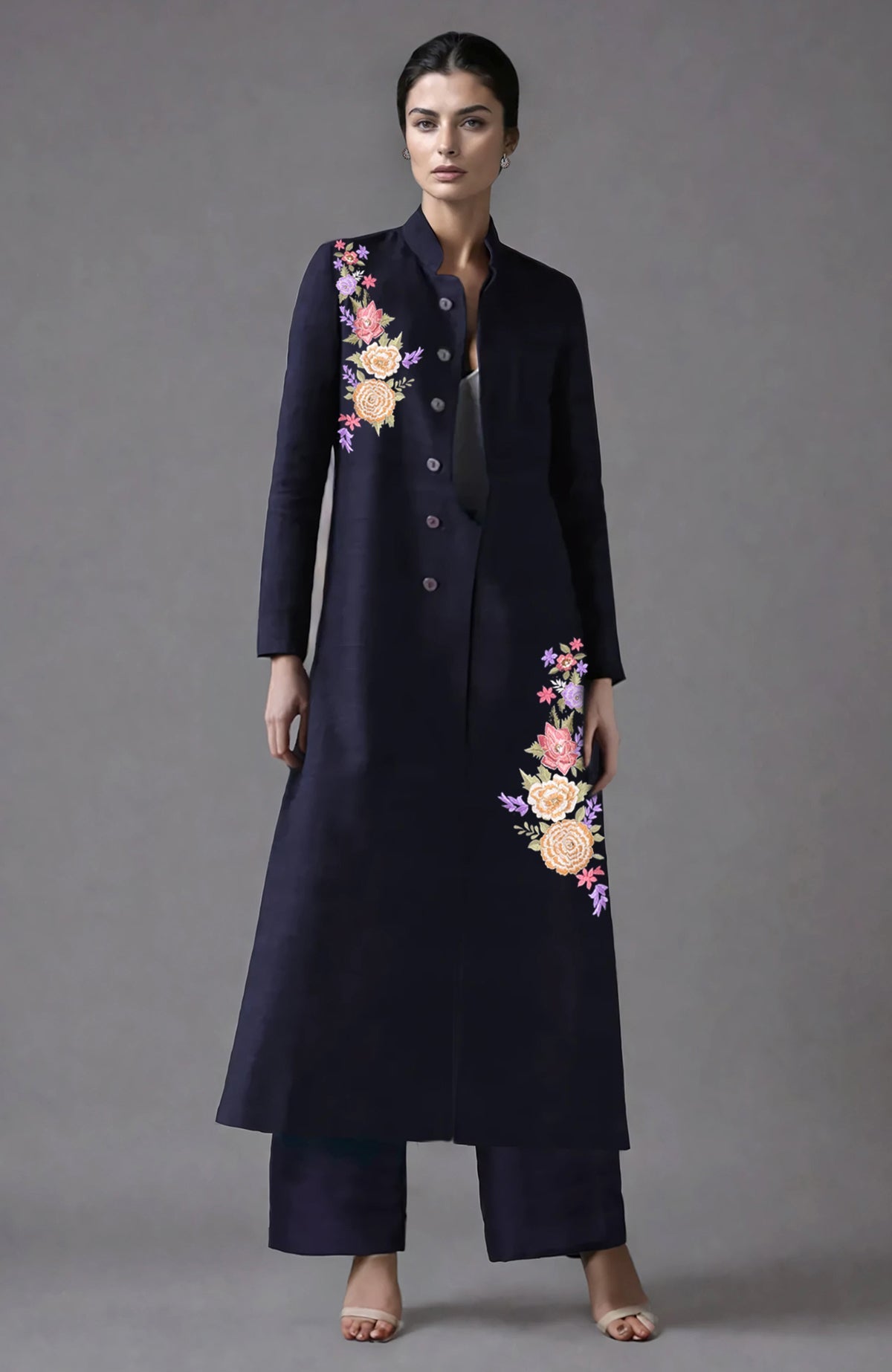Eclipse blue raw silk sherwani jacket with Parsi Gara floral embroidery and wide-leg pants set