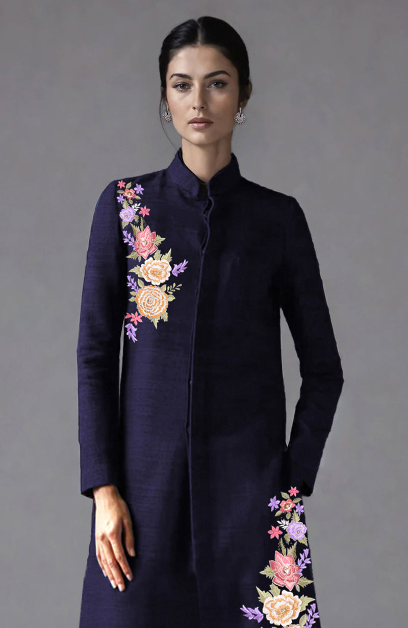 Eclipse blue raw silk sherwani jacket with Parsi Gara floral embroidery and wide-leg pants set
