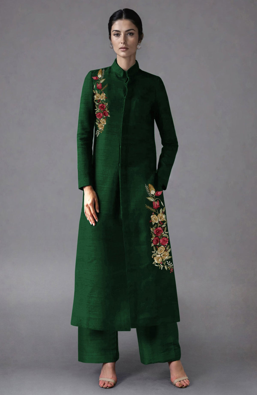 Emerald green raw silk sherwani jacket with Parsi Gara floral embroidery and wide-leg pants set