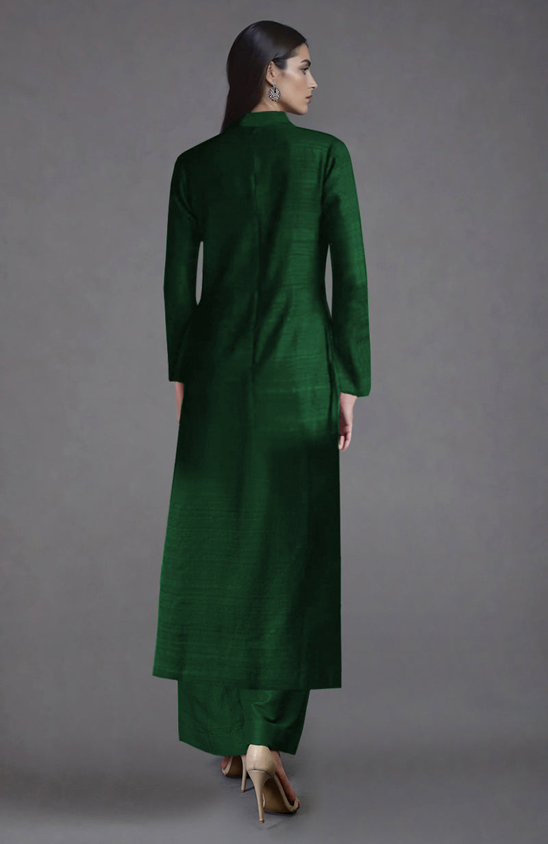 Emerald green raw silk jacket set with Parsi Gara floral embroidery and wide-leg pants