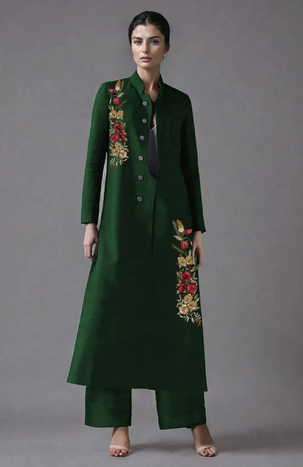 Emerald green raw silk jacket set with Parsi Gara floral embroidery and wide-leg pants