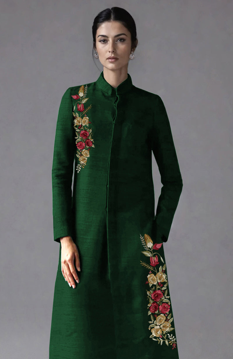 Emerald green raw silk sherwani jacket with Parsi Gara floral embroidery and wide-leg pants set