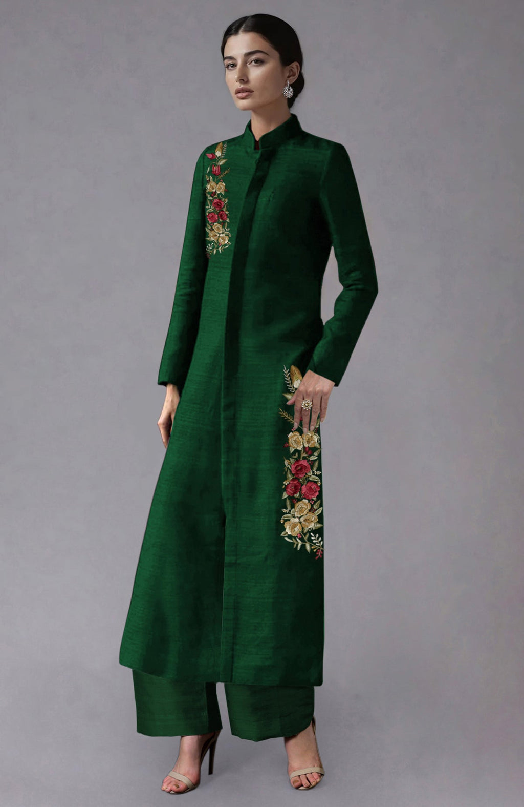 Emerald green raw silk sherwani jacket with Parsi Gara floral embroidery and wide-leg pants set