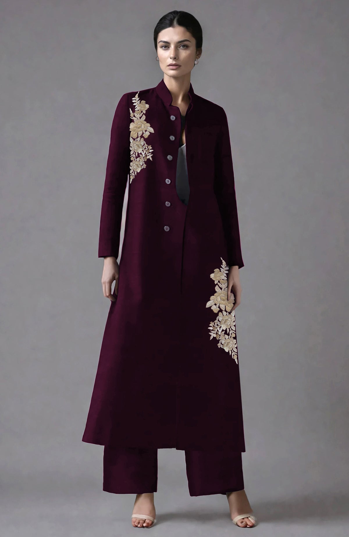 Wine-colored raw silk sherwani jacket with Parsi Gara floral embroidery and matching wide-leg pants