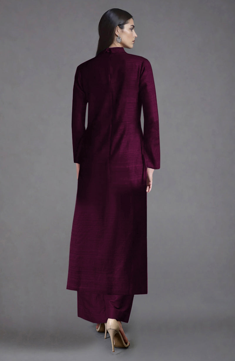 Wine-colored raw silk sherwani jacket with Parsi Gara floral embroidery and wide-leg pants set
