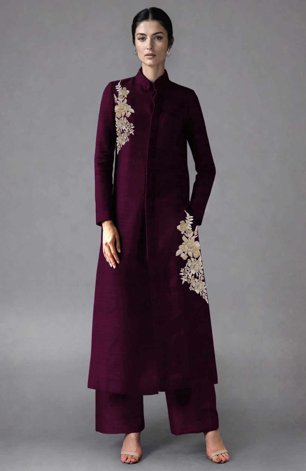 Wine-colored raw silk sherwani jacket with Parsi Gara floral embroidery and matching wide-leg pants