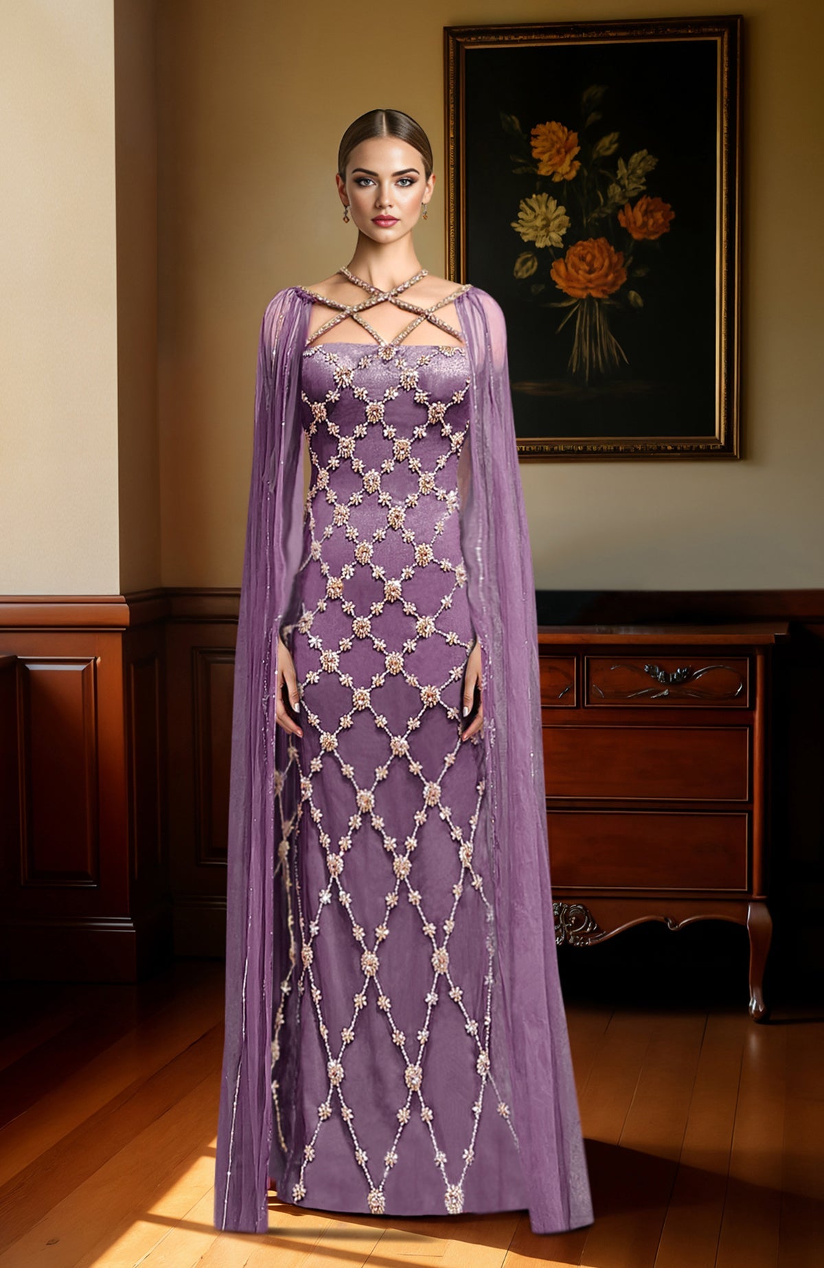 Mauve gown with hand-embroidered crystals, crisscross neckline, and flowing cape sleeves.