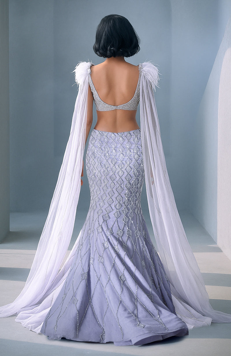 NAIRA Lilac Crystal Hand Embroidered Mermaid Lehenga Set with Feather Detail