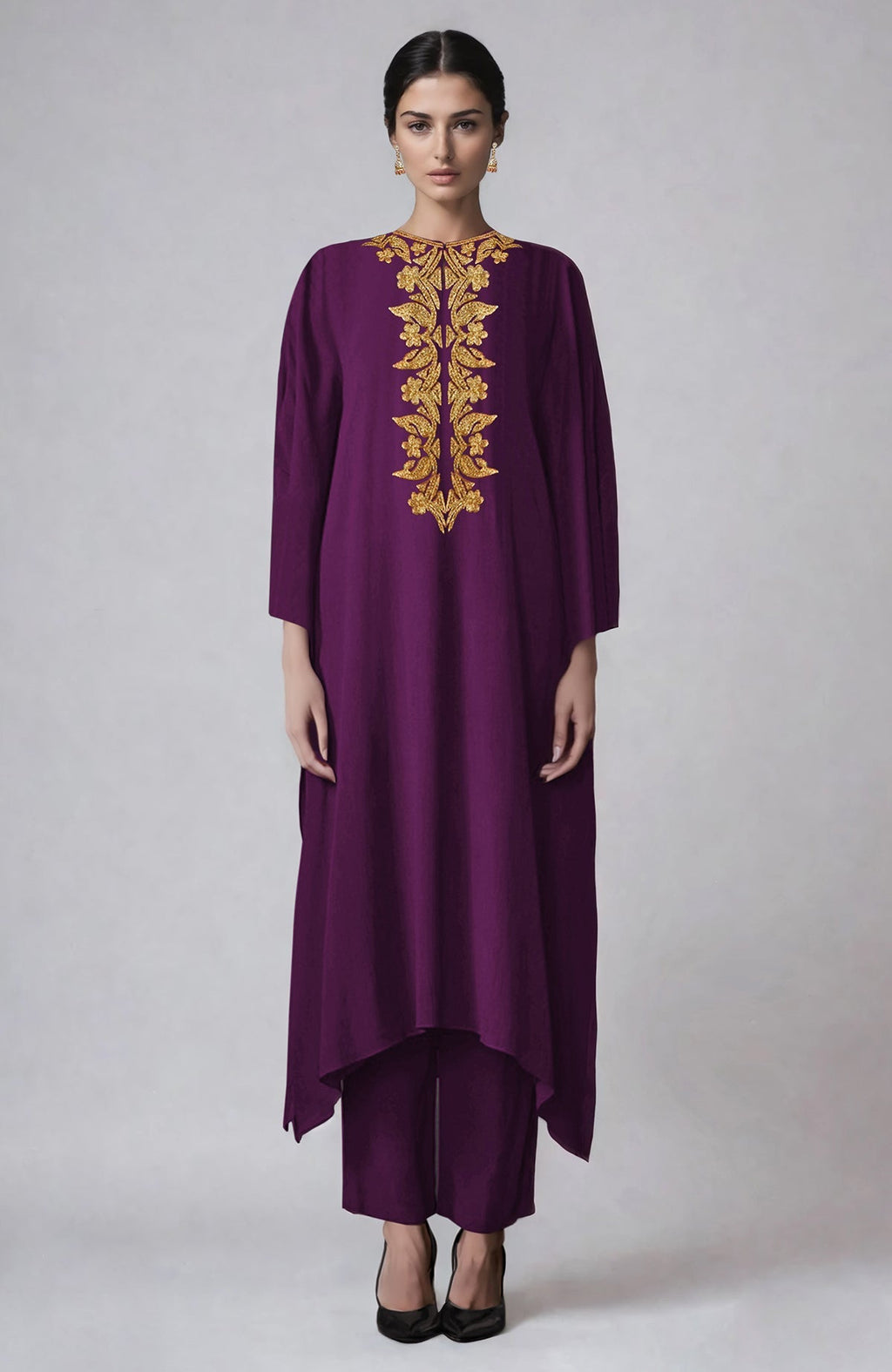 Kaftan set with Kashmiri gold Tilla aari embroidery and asymmetrical hem paired with straight pants