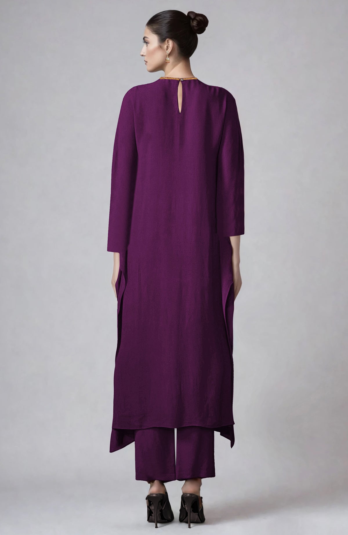 Phlox kaftan set with Kashmiri gold Tilla aari embroidery and asymmetrical hem paired with straight pants