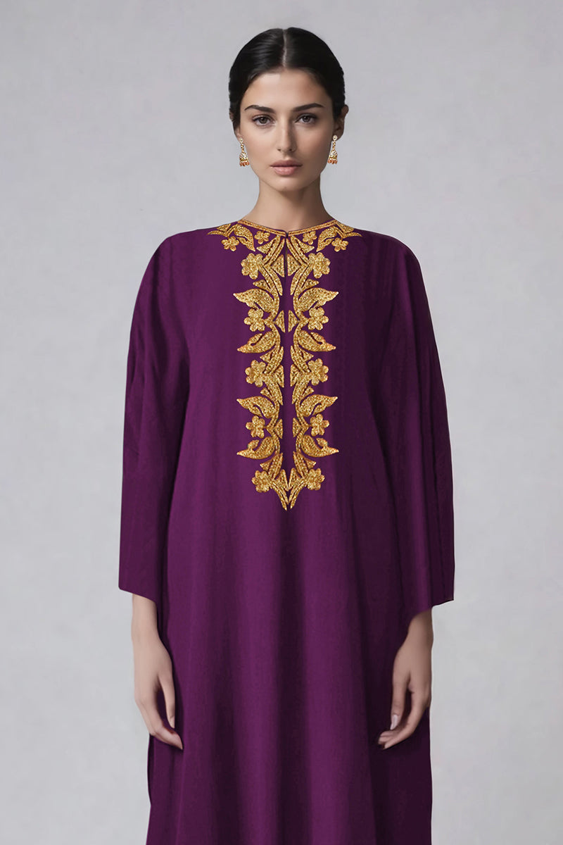 Phlox kaftan set with Kashmiri gold Tilla aari embroidery and asymmetrical hem paired with straight pants
