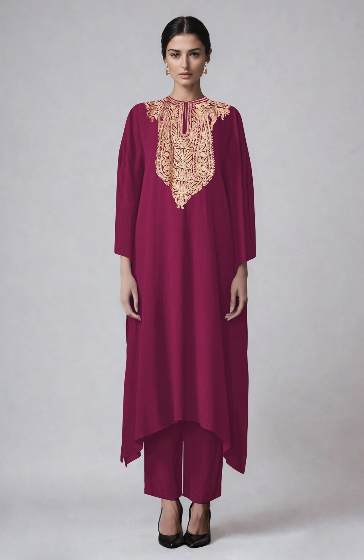 Sangria kaftan set with gold tilla Aari embroidery and paisley design paired with straight pants