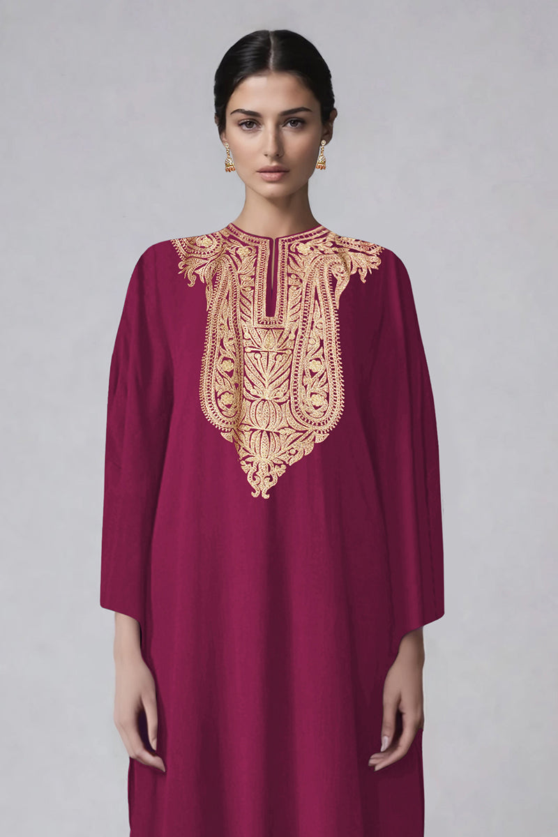Sangria kaftan set with gold Kashmiri Aari embroidery and paisley patterns, paired with straight pants