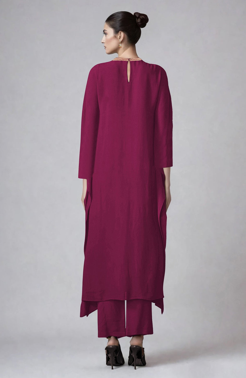 Sangria kaftan set with gold Kashmiri Aari embroidery and paisley design, paired with straight pants