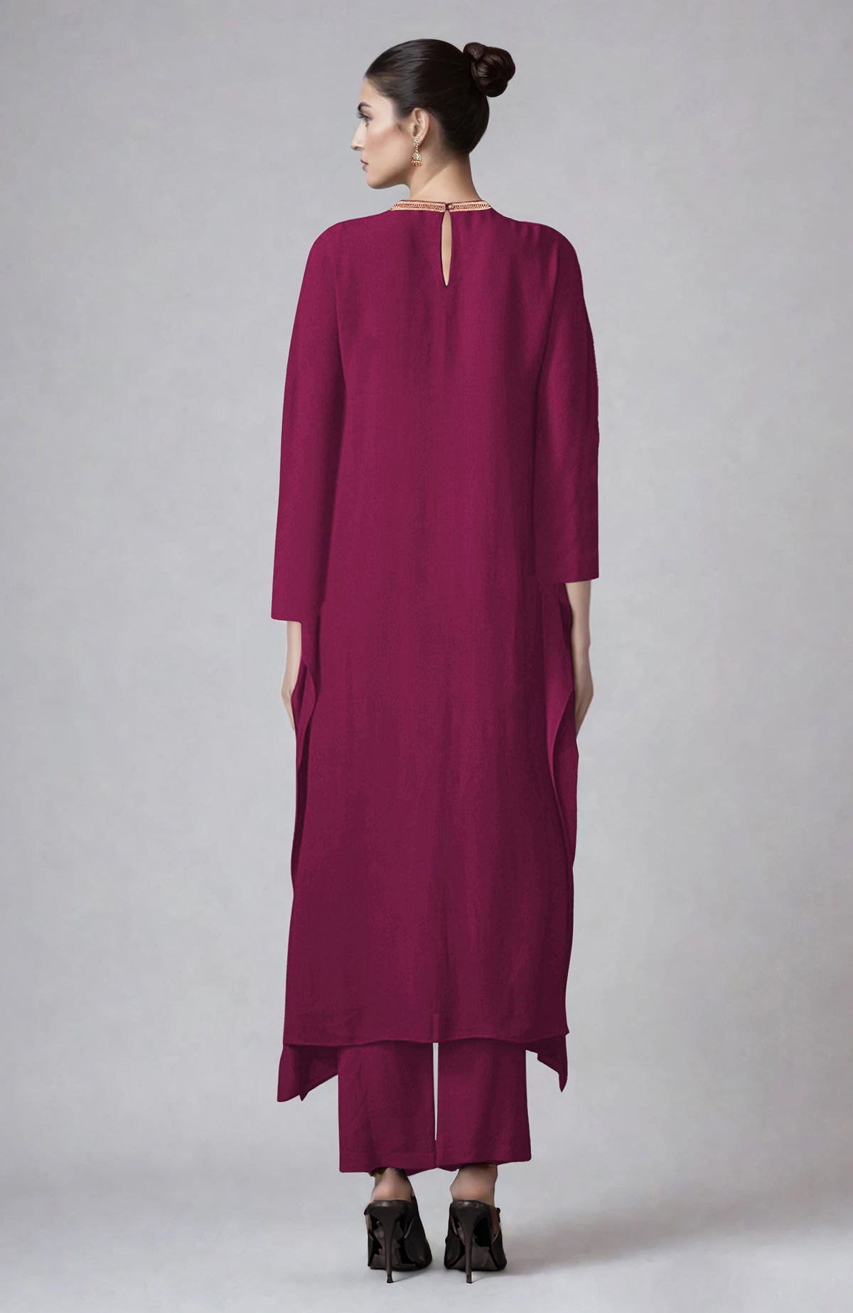 Sangria kaftan set with gold Kashmiri Aari embroidery and paisley design, paired with straight pants
