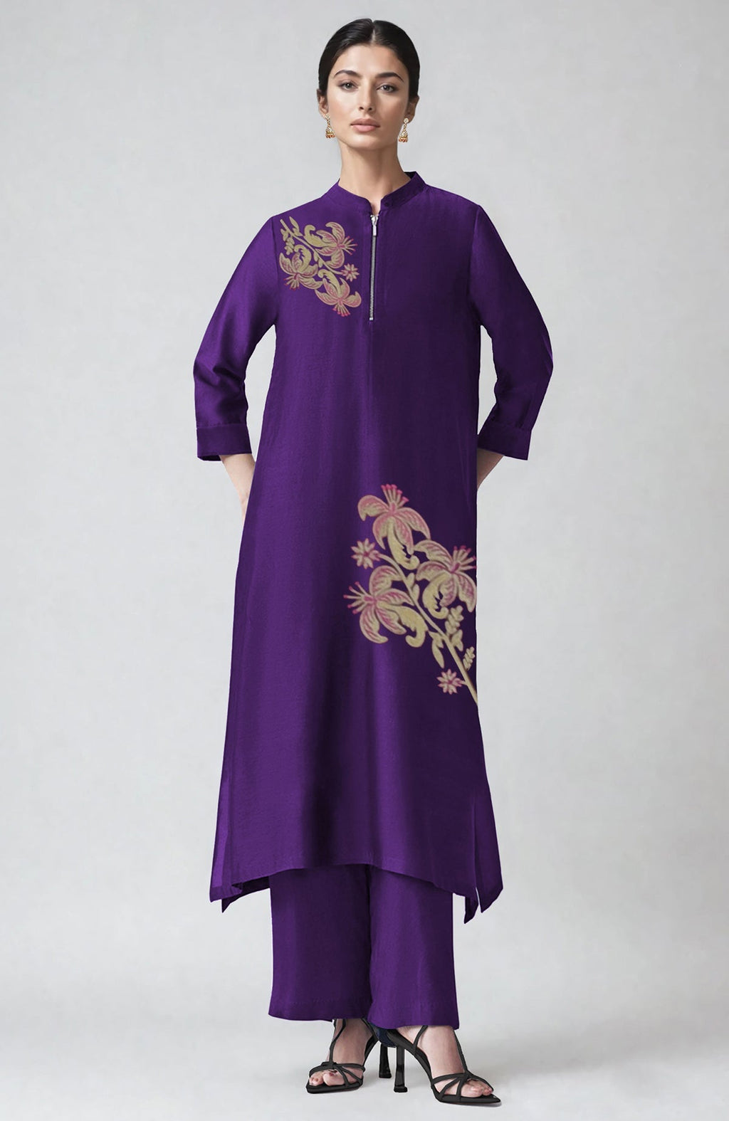 Eggplant kaftan set with Kashmiri tilla and aari embroidery and straight pants.