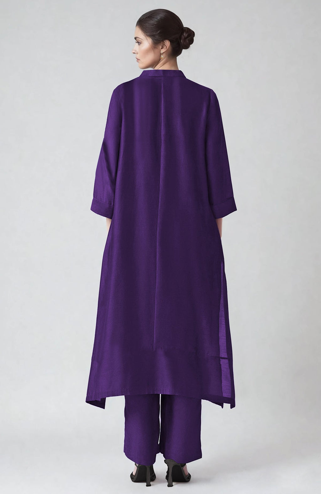 Eggplant kaftan set with Kashmiri tilla aari embroidery and straight pants in rich purple shade