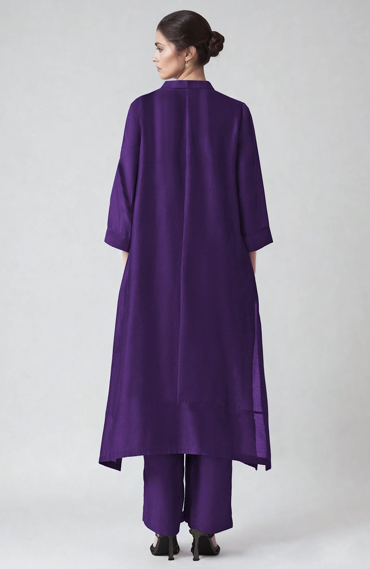 Eggplant kaftan set with Kashmiri tilla aari embroidery and straight pants in rich purple shade