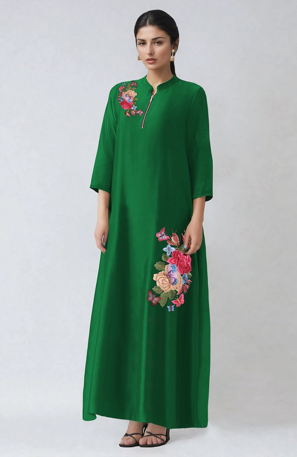 Green kaftan set with Parsi Gara embroidery, band collar, zip placket, and cigar pants.