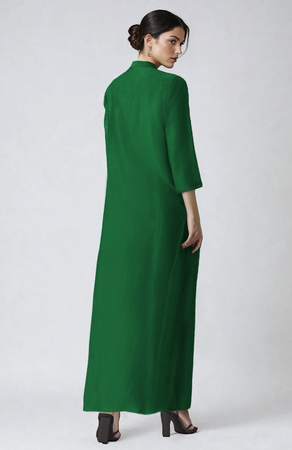 Green kaftan set with Parsi Gara embroidery, band collar, zip placket, and cigar pants.