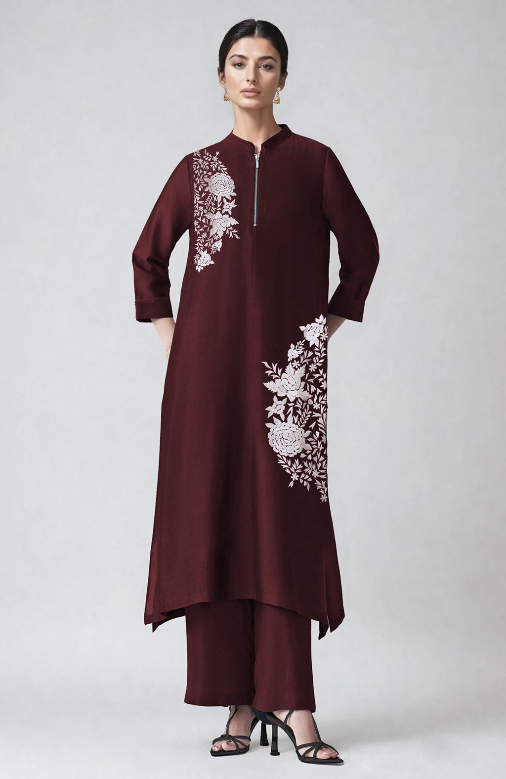 Wine-colored kaftan set with ivory Parsi Gara embroidery and straight pants in a modern cut.