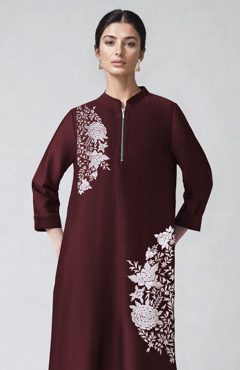 Wine-colored kaftan set with ivory Parsi Gara embroidery and straight pants in a bohemian style