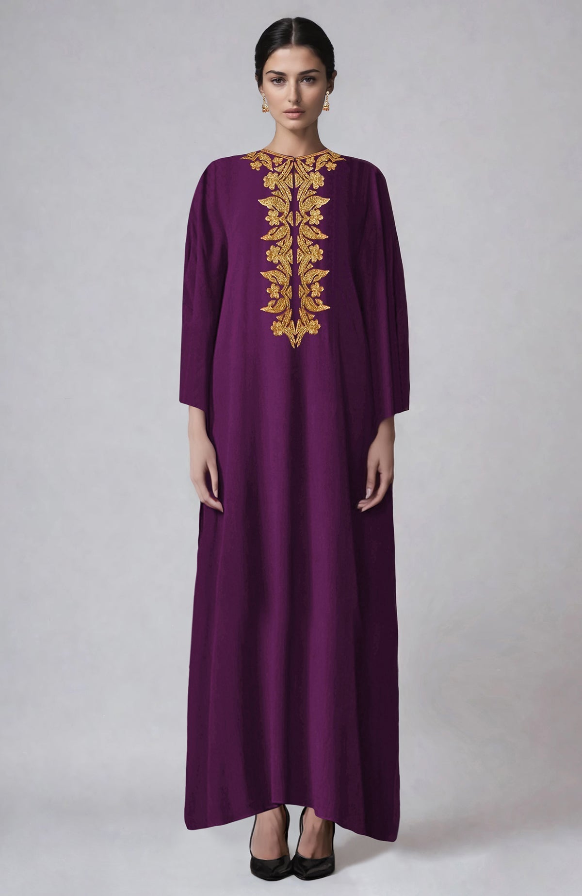 Kaftan with intricate Kashmiri gold Tilla aari embroidery on the placket in earth tones