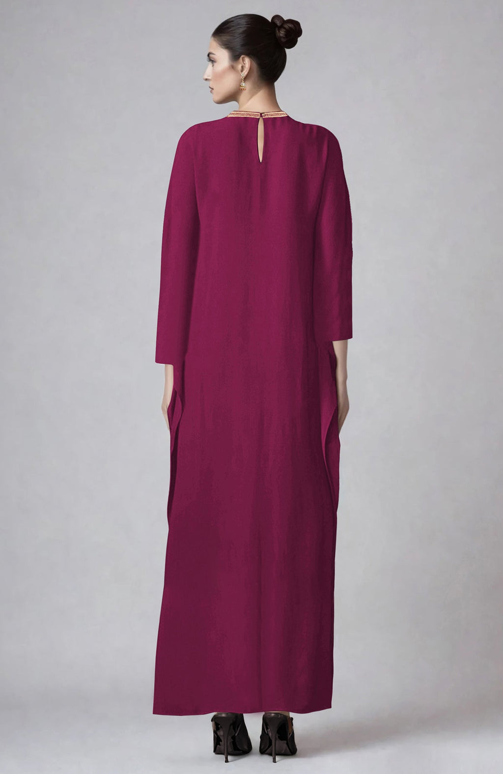 Sangria kaftan with intricate Kashmiri gold Tilla aari embroidery on the placket.