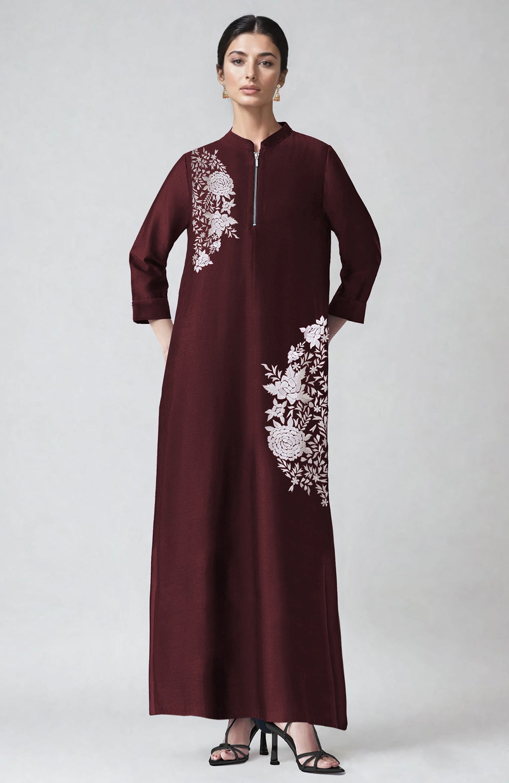 Wine-colored kaftan with ivory Parsi Gara embroidery and a band collar with zip placket
